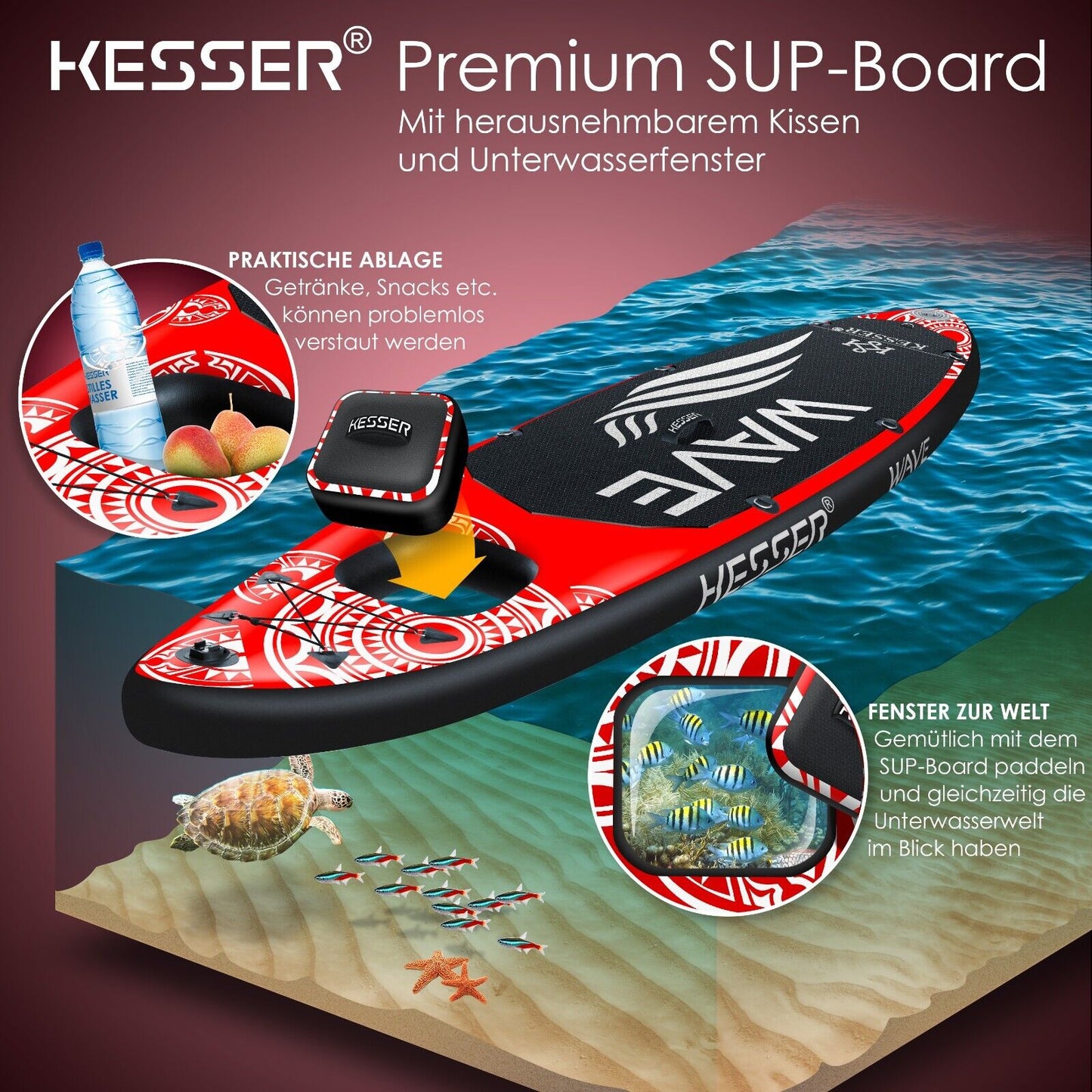 KESSER® SUP Board Set Stand up Paddle Aufblasbar Sichtfenster Surfboard Paddling