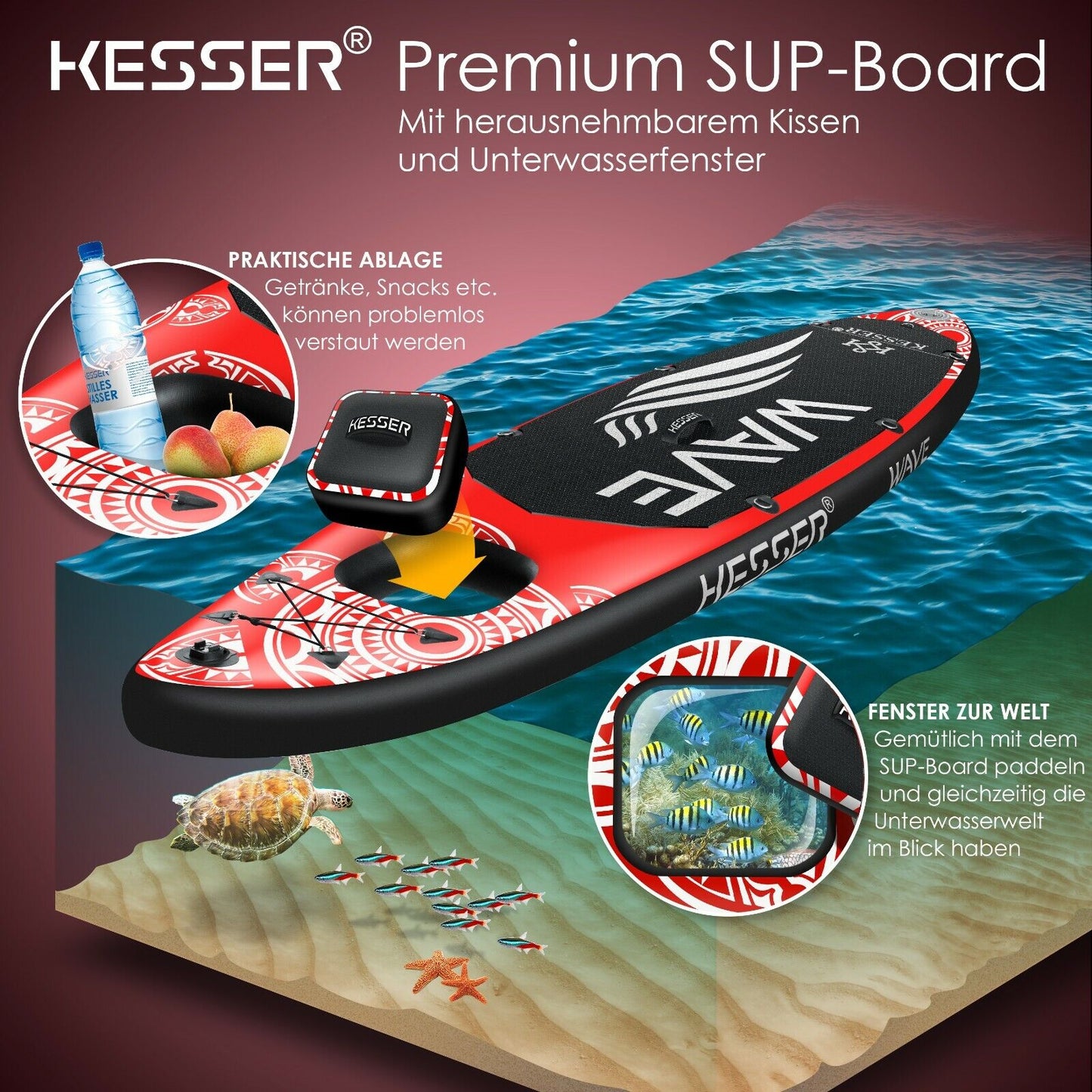 KESSER® SUP Board Set Stand up Paddle Aufblasbar Sichtfenster Surfboard Paddling