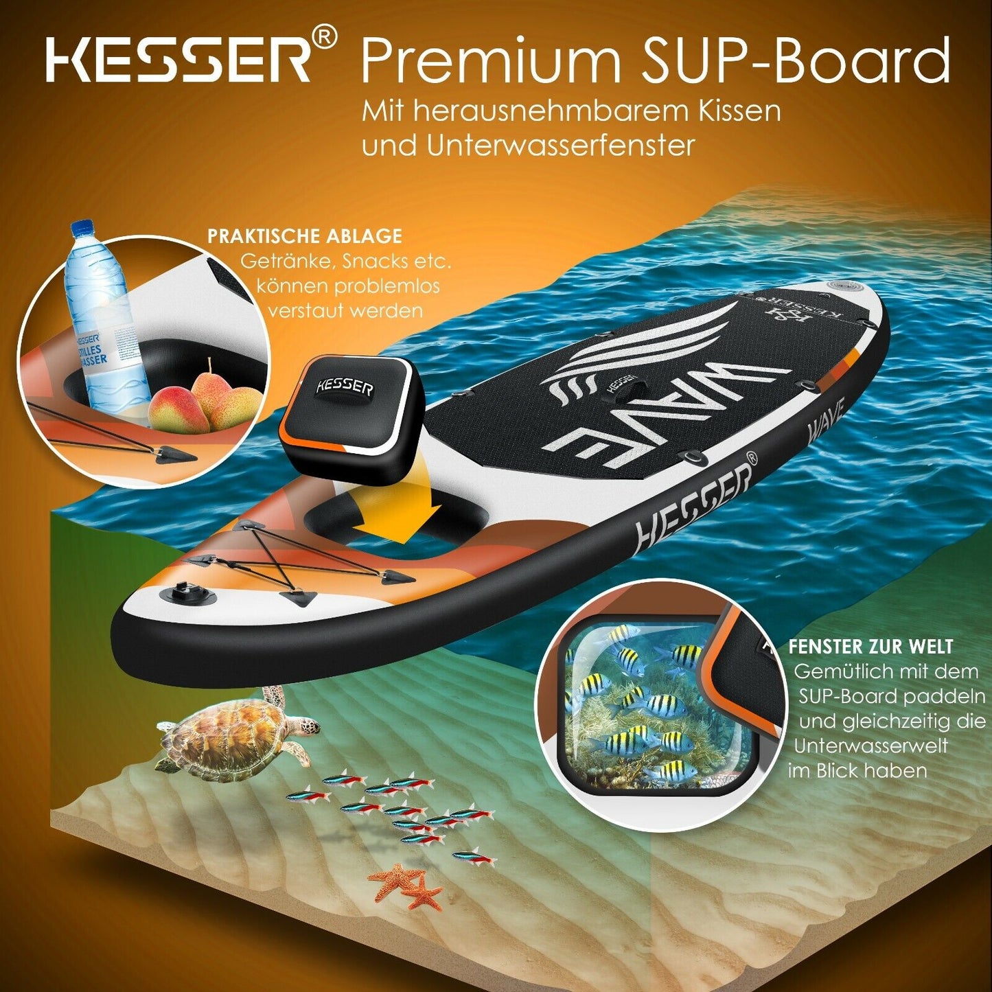 KESSER® SUP Board Set Stand up Paddle Aufblasbar Sichtfenster Surfboard Paddling