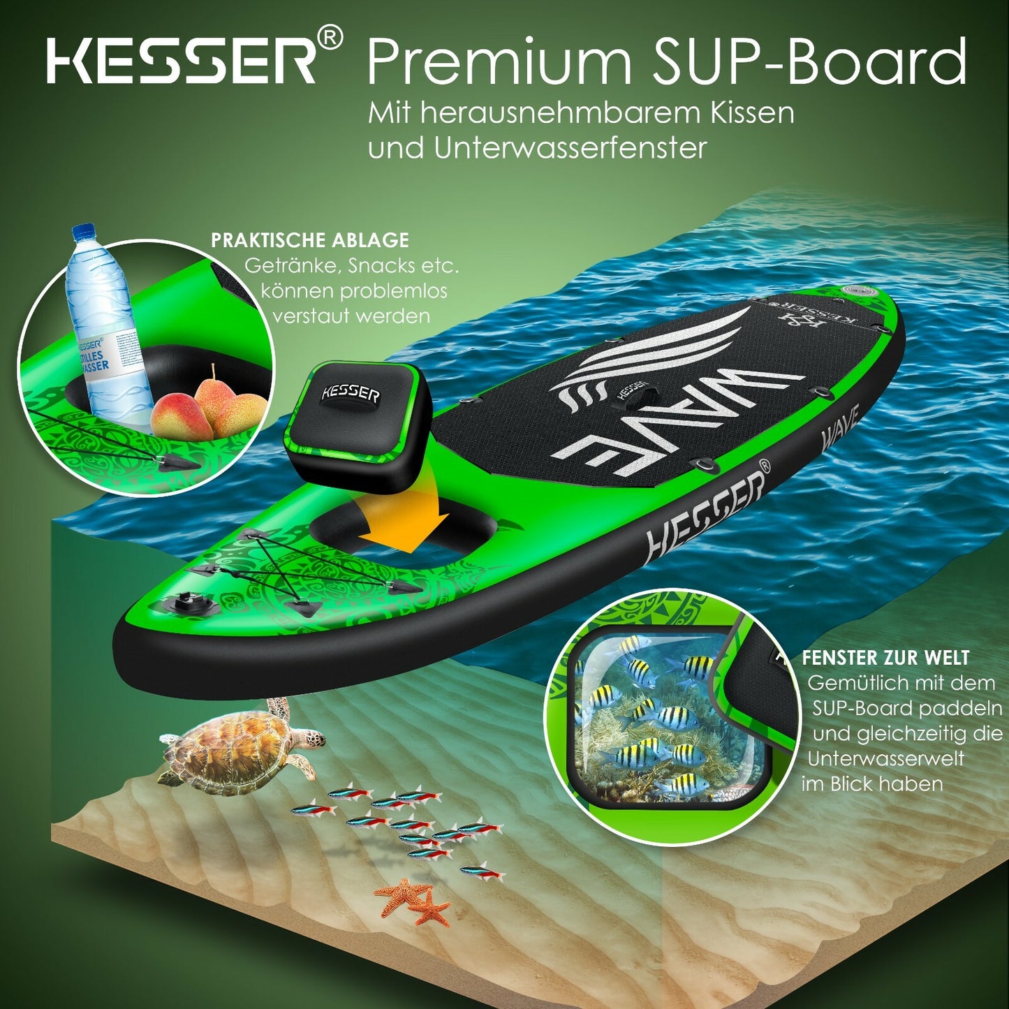 KESSER® SUP Board Set Stand up Paddle Aufblasbar Sichtfenster Surfboard Paddling