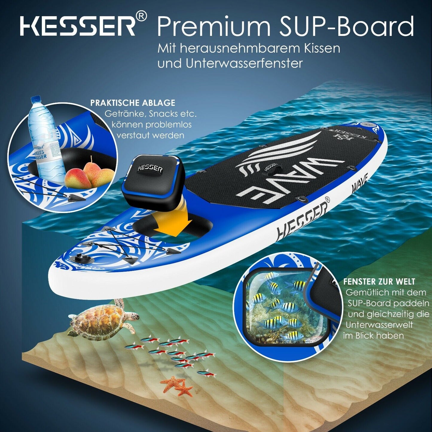 KESSER® SUP Board Set Stand up Paddle Aufblasbar Sichtfenster Surfboard Paddling