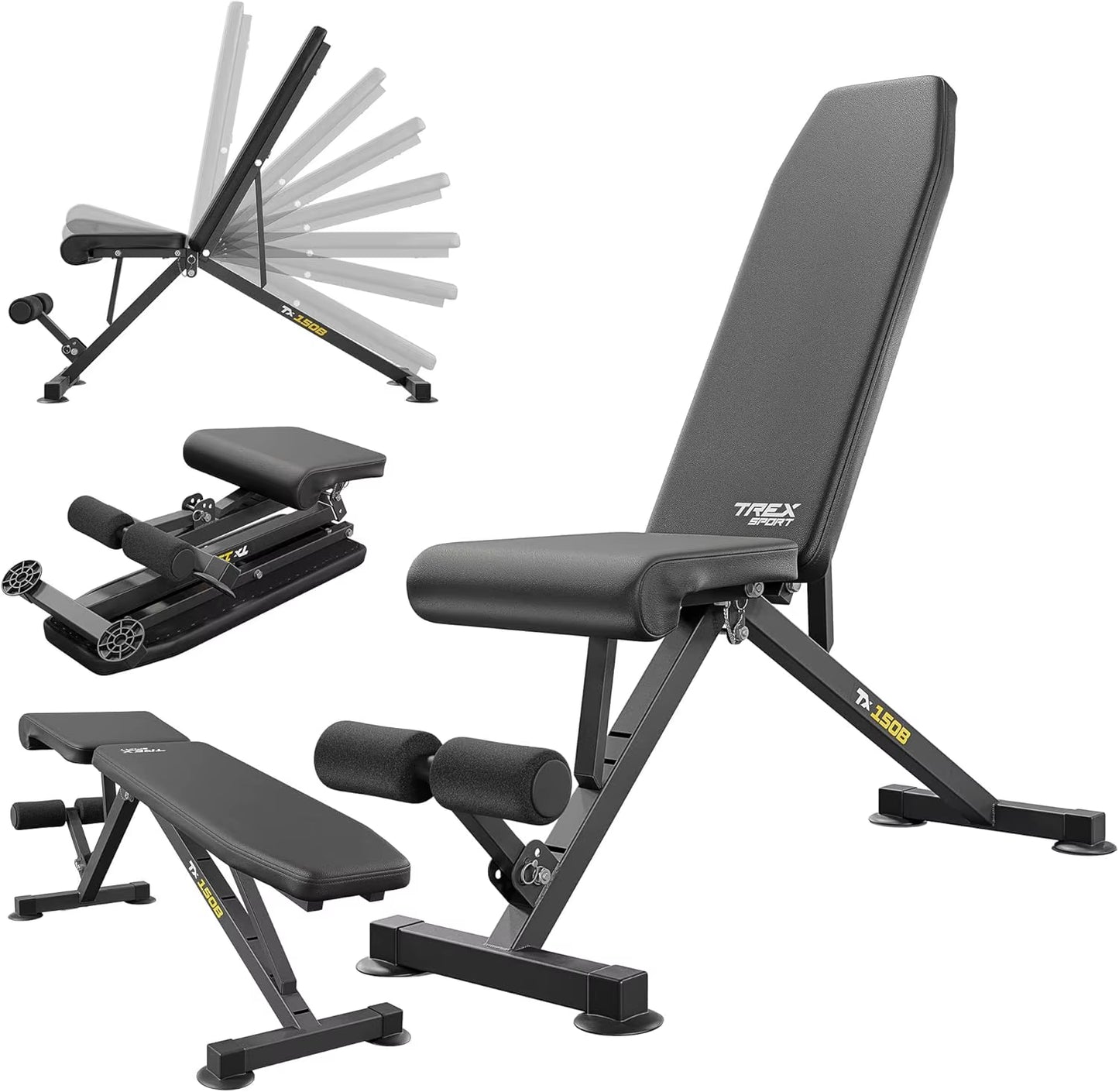 TREX SPORT TX-150B Hantelbank Klappbar | Trainingsbank 8-Fach Verstellbare Rückenlehne, 3-Fach Verstellbarer Sitzkissen | Flachb