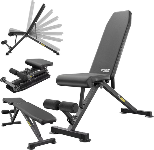 TREX SPORT TX-150B Hantelbank Klappbar | Trainingsbank 8-Fach Verstellbare Rückenlehne, 3-Fach Verstellbarer Sitzkissen | Flachb