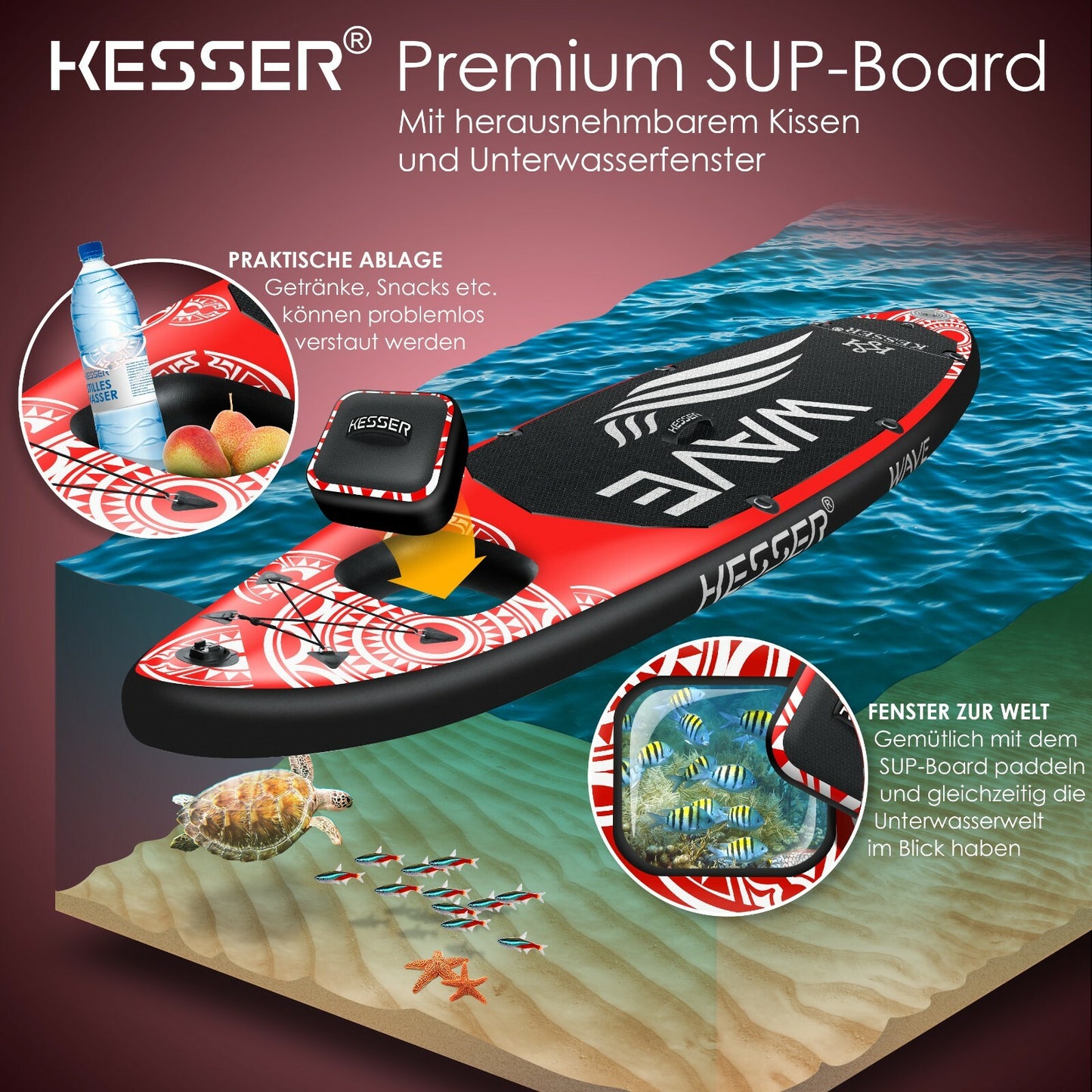 KESSER® SUP Board Set Stand up Paddle Aufblasbar Sichtfenster Surfboard Paddling