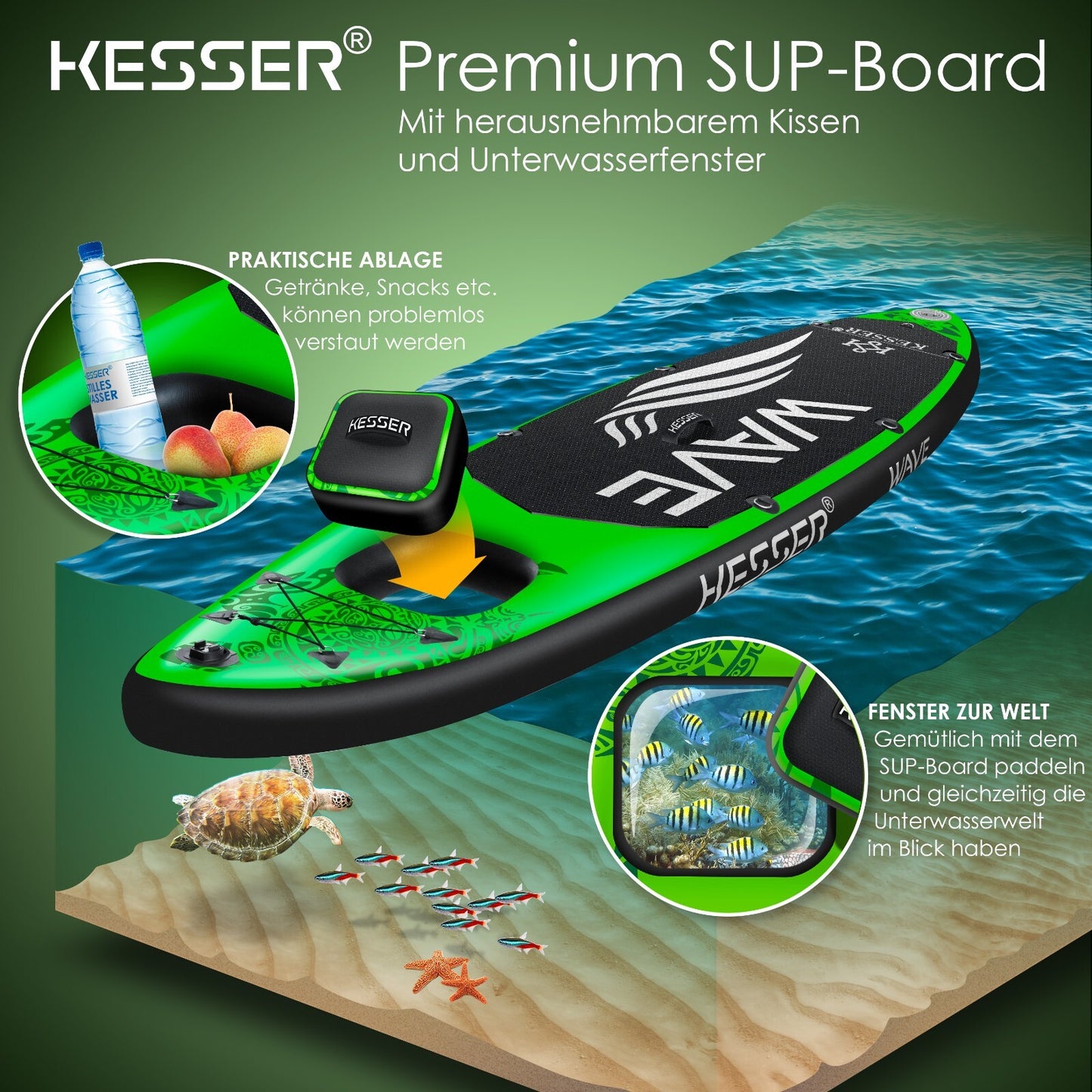 KESSER® SUP Board Set Stand up Paddle Aufblasbar Sichtfenster Surfboard Paddling