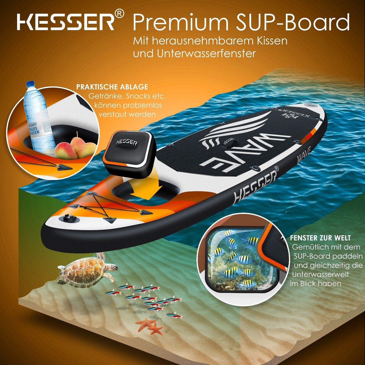 KESSER® SUP Board Set Stand up Paddle Aufblasbar Sichtfenster Surfboard Paddling