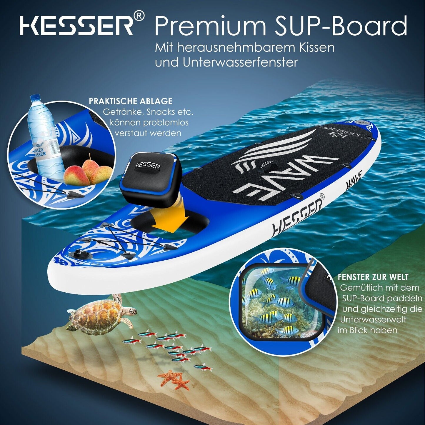 KESSER® SUP Board Set Stand up Paddle Aufblasbar Sichtfenster Surfboard Paddling