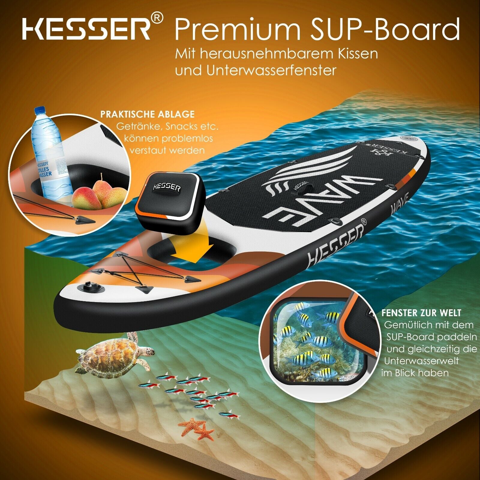 KESSER® SUP Board Set Stand up Paddle Aufblasbar Sichtfenster Surfboard Paddling
